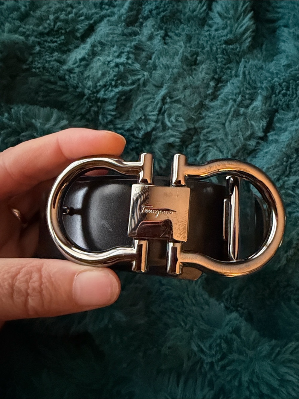 Salvatore Ferragamo Black Leather Belt with Silver Double Gancio Buckle